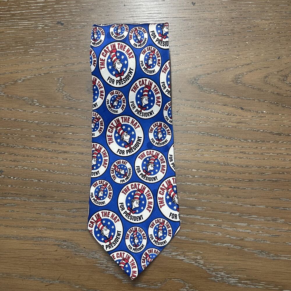 Vintage Dr. Seuss Necktie Mens Blue Cat in the Hat For President Silk 1996 90s